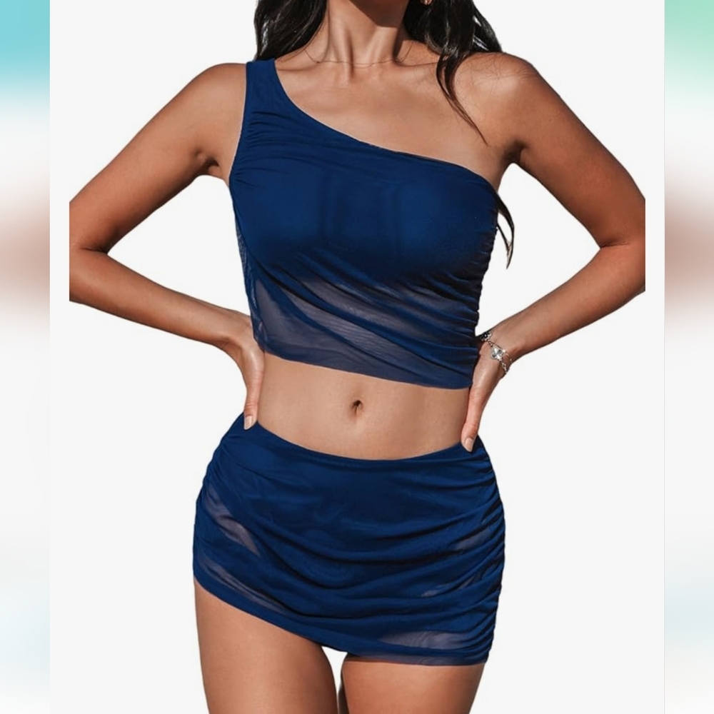 Bikini Set Two Piece One Shoulder Ruched Mesh Mid Rise Skirt‎ Botton blue M